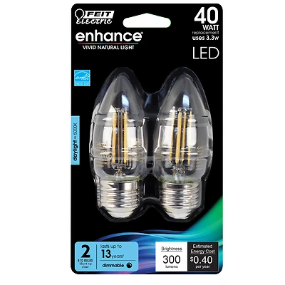 Enhance B10 E26 Filament Led Bulb, Daylight 40w Equivalent, 2 Pk, 300 Lumens