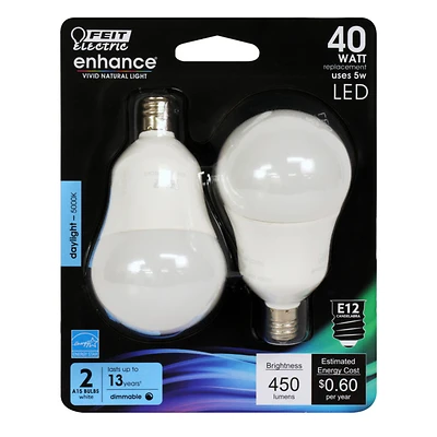Feit Electric BPA1540C/950CA/2 A15 LED Bulb, E12 Base, Daylight 5000K, 40W Equiv, 2-Pk