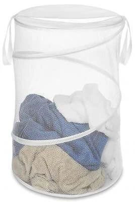 18-inch Diameter White Collapsible Laundry Hamper With Durable Wire Frame