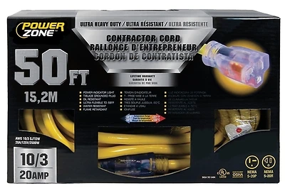 50 Ft Contractor Extension Cord, 10 Awg, 20 A, 125 V, Yellow