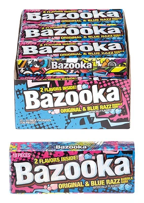 Bazooka Bubble Gum, Original and Blue Razz, 10 Pc.