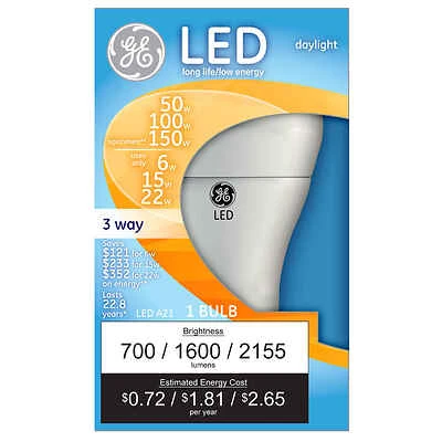 GE 93129882 LED Light Bulb, 3-Way, A21 Lamp, 50, 100, 150 W Equivalent, E26 Medium Lamp Base, White, Daylight Light