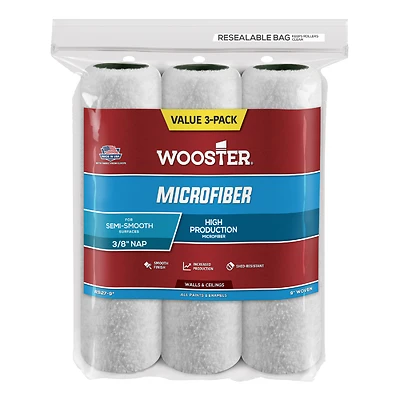 Wooster R527-9 Microfiber Paint Roller Cover, 3/8 In. Nap, 9 In., 3-Pack