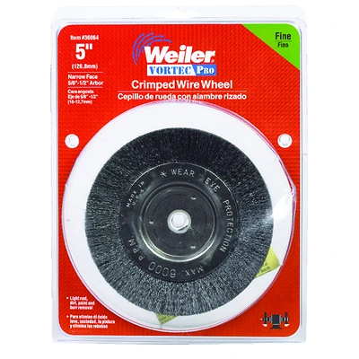 Vortec Pro 5 Inch Crimped Wire Wheel Brush, Carbon Steel, 6000 Rpm, 5/8 To 1/2 Inch Arbor