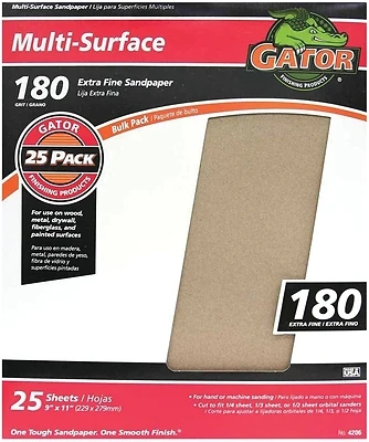 Sandpaper, Fine 180-Grit, 9 x 11 In., 25-Ct.