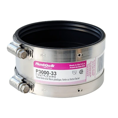 Fernco P3000-33 Flexible Coupling, 3 in, PVC, SCH 40 Schedule, 4.3 psi Pressure