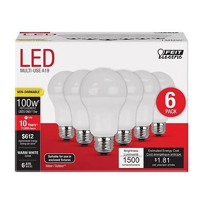 Feit Electric LED Bulb, A19, 100W Equivalent, 14.7W, 1500 Lumens, Warm White, 6-Pk