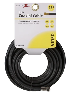 Zenith 102506 RG6 Coaxial Cable, Black, 25 Ft