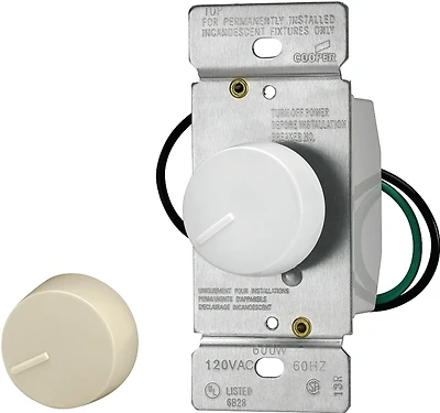 Eaton RI061-VW-K2 Rotary Dimmer, 120V, 600W, 3-Way, Ivory/White
