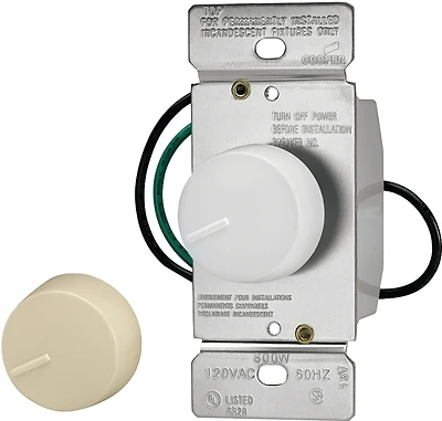 Eaton RI06P-VW-K2 Rotary Dimmer Switch, 600W, 120V, 3-Way, Ivory/White