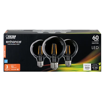 G2560/927ca/fil/3 Enhance G25 E26 Led Bulb, 60w Equivalent, 3 Pk, Dimmable, Soft White