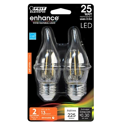 Feit Electric BPEFC25927CAFIL2 LED Flame Tip Bulb, 25W Equivalent, Soft White, 2-Pack