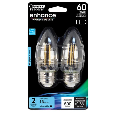 Bpetc60/950ca/fil 60w Equivalent B10 E26 Dimmable Led Bulb 2 Pk, Daylight