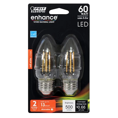 Bpetc60/927ca/fil/2 60w Equivalent B10 Dimmable Led Bulb 2 Pk, Soft White