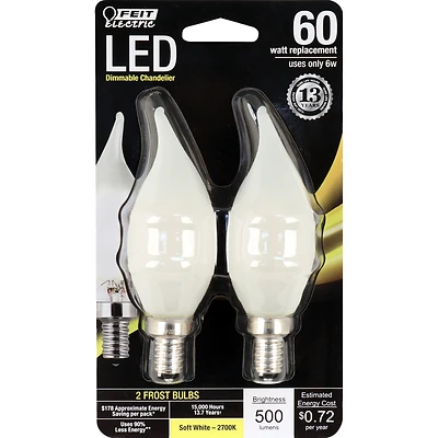 Feit Electric BPCFF60/927CA/FIL/2 LED Bulb, Flame Tip, 60W Equivalent, E12, 2-Pack