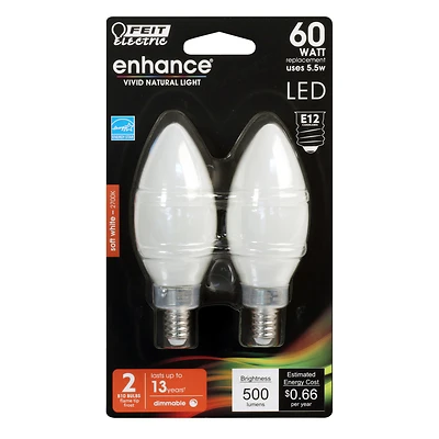 Feit Electric B10 LED Filament Bulb, E12 Base, 60W Equivalent, Dimmable, 2-Pack