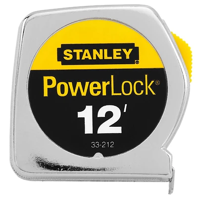 STANLEY PowerLock 33-212 Tape Measure, 12 ft L Blade, 1/2 in W Blade, Steel Blade, Chrome Plated ABS Plastic Case