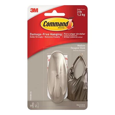 Command 17081-BN Designer Hook, 3 lb, 1 -Hook, Plastic, Brushed Nickel