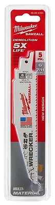 Milwaukee The WRECKER 48-00-5701 Reciprocating Saw Blade, 0.05 in W, 6 in L, 7/11 TPI, Bi-Metal Cutting Edge