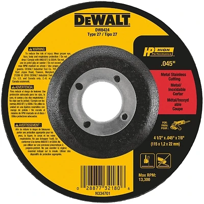 DEWALT DW8424 Cutting Wheel, 4-1/2 in Dia, 0.045 in Thick, 7/8 in Arbor, 60 Grit, Medium, Aluminum Oxide Abrasive