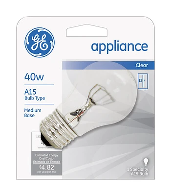 GE 15206 Light Bulb, 40 W, A15 Lamp, E26 Medium Lamp Base, 415 Lumens, 2700 K Color Temp, Soft White Light