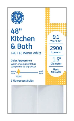 GE Linear Fluorescent Light Bulb, T12, 3000K, 40W, 4 Ft., 2-Pk.