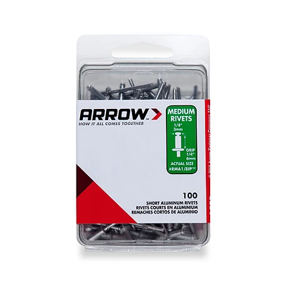 Arrow RMA1/8IP Pop Rivet, Medium, 1/4 in Grip, 1/4 in L, Aluminum, 100/PK