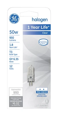 GE T3 Quartz Halogen Bulb, 50 Watt, GY6.35 Base