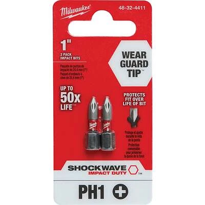 Milwaukee SHOCKWAVE 48-32-4411 Impact-Duty Screwdriver Insert Bit, #1 Drive, Phillips Drive, 1/4 in Shank, Hex Shank