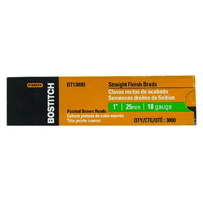 Bostitch BT1309B Series Nail, Glue Collation, 1 in L, 18 Gauge, Steel, Coated, Brad Head, Smooth Shank, 3000/PK