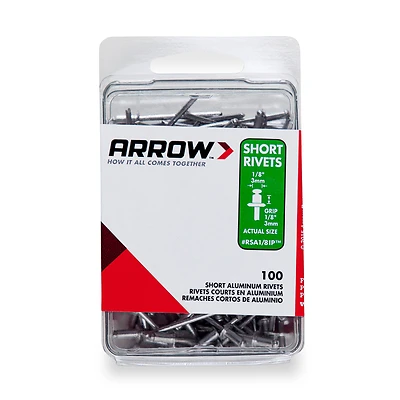 Arrow RSA1/8IP Pop Rivet, Short, 1/8 in Grip, 1/8 in L, Aluminum, Silver, 100/PK
