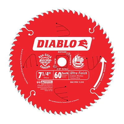 Diablo D0760A Circular Saw Blade, 7-1/4 in Dia, 5/8 in Arbor, 60-Teeth, Carbide Cutting Edge