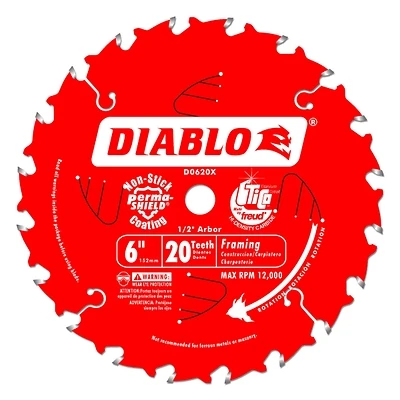 Diablo D0620X Framing Saw Blade, 6 in Dia, 1/2 in Arbor, 20-Teeth, Carbide Cutting Edge