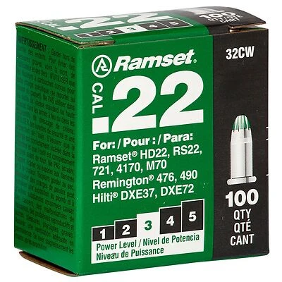 Ramset C32CW Single Shot Powder Load, Power Level: 3, Green Code, 100-Load, 0.22 in Dia, 2-1/8 in L