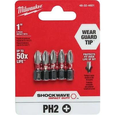 Milwaukee SHOCKWAVE 48-32-4601 Impact-Duty Screwdriver Insert Bit, #2 Drive, Phillips Drive, 1/4 in Shank, Hex Shank