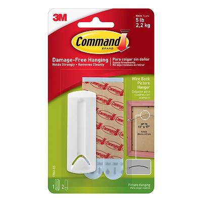 Command 17041 Picture Hanger, 5 lb, Plastic, White, Adhesive Strip, 3 in L x 1 in W x 1/4 in H, 1/PK