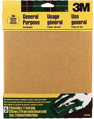 3M 9002NA Aluminum Oxide Sandpaper, 100-Grit, 9 x 11 In., 5-Pk.