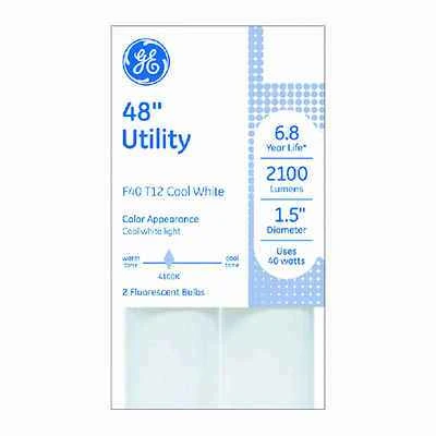 GE 66651 Light Bulb, 4100 K Color Temp, Cool White, 2100 Lumens, 40 W, T12 Lamp, G13 Medium Bi-Pin Lamp Base