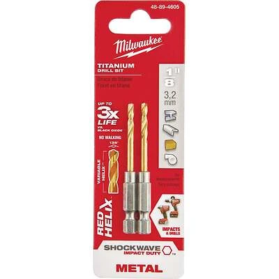 Milwaukee SHOCKWAVE 48-89-4605 Impact Drill Bit, 1/8 in Dia, 2.62 in OAL, Twist Flute, 1/4 in Dia Shank, Hex Shank