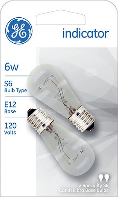 GE 15820 Indicator Bulb, 6 W, S6 Lamp, E12 Candelabra Lamp Base, 1500 hr Average Life