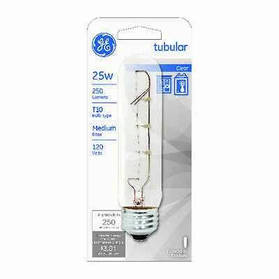 GE 45144 Tubular Light Bulb, T10, 25 Watt, Medium Base, Clear
