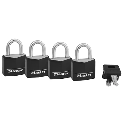 Master Lock 131Q Vinyl-Covered Keyed Padlock, Black, 1-3/16 In., 4-Pack