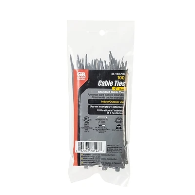 Gardner Bender 46-104UVB Cable Tie, 13/16 in Max Bundle Dia, Nylon, Black, 4 in L, 100/PK