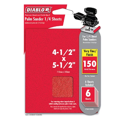 Diablo DCS045150S06G Palm Sander Sheet, 4-1/2 in W, 5-1/2 in L, 150 Grit, Fine, Aluminum Oxide Abrasive, Paper Backing