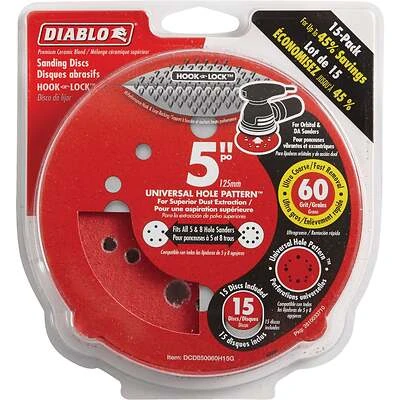 Diablo DCD050060H15G Random Orbital Sanding Disc, 5 in Dia, 60 Grit, Coarse, Ceramic Abrasive, 12-Hole