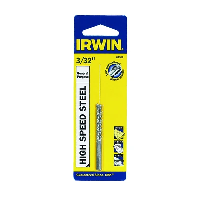Irwin 60506 Jobber Drill Bit, 3/32 In. Dia., 1-3/4 In. L, HSS, 2-Pack