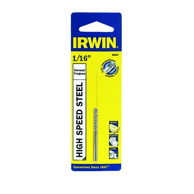 Irwin 60504 Jobber Drill Bit, HSS, 1/16 In. Dia, 1-7/8 In. L, 2 Pk