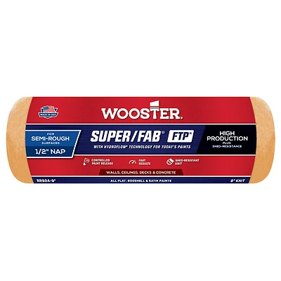 Wooster Super/Fab FTP RR924-9 Roller Cover, 1/2 in Thick Nap, 9 in L, Fabric Cover, Lager