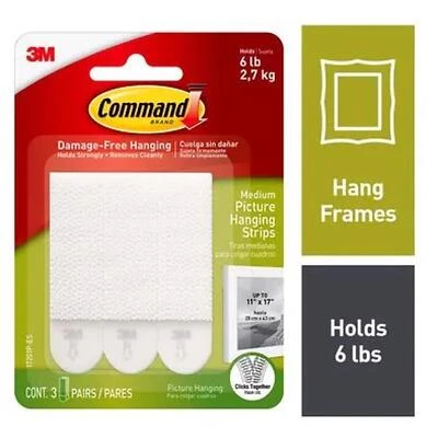Command 17204-12ES Medium Picture Hanging Strip, 3/4 in W, 2-3/4 in L, Foam Backing, White, 3 lb