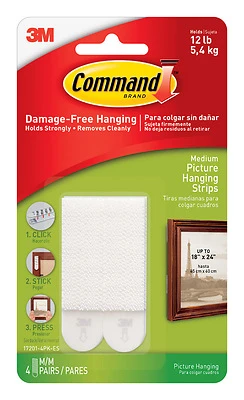 Command 17201-4PK Picture Hanging Strip, 3 lb/set, Foam, White, 2.75 in L x 0.625 in W x 0.1 in H, 4/PK